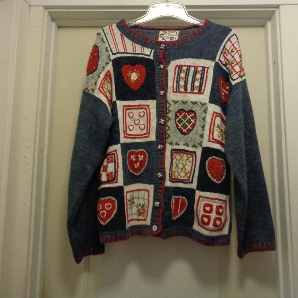 PATCHWORK EMBROIDERED HEARTS BEADED COTTON RAMIE HEIRLOOM SWEATER L
